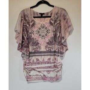 Espresso Pink & Purple Paisley Print Ruched Sides Flutter Sleeve Top Size M